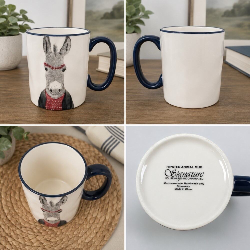 Signature Housewares Hipster Animal Donkey Stoneware Coffee Mug Blue Handle